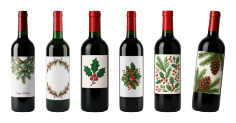 Holiday wine bottle set including pine, holly, berries, and pinecone label designs isolated. Festive drink packaging and seasonal celebration.