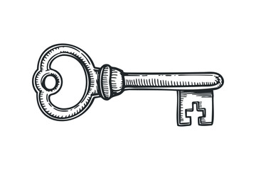 Ornate vintage skeleton key on transparent background. Vector hand drawn