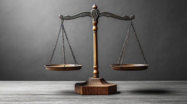 antique wooden balance scale with empty pans on a wooden surface against a neutral gray background symbolizing justice and fairness - Powered by Adobe