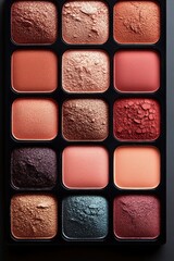 Fototapeta premium Close-up of a colorful eyeshadow palette with twelve shades including warm browns, reds, pinks, peach, bronze, purple, and blue with both matte and shimmer finishes