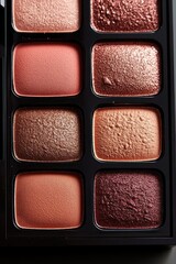 Fototapeta premium Close-up of a makeup eyeshadow palette featuring nine square pans with a variety of shimmer and matte warm tones including brown, copper, peach, and rose shades
