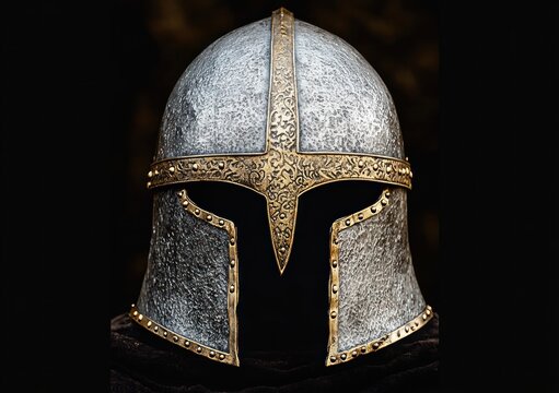 front view of an intricately designed medieval knight helmet with gold accents and detailed engravings on a dark background