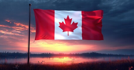Canadian flag waving on a pole at sunset over a peaceful lake with a forest silhouette and colorful sky
