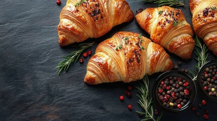 Freshly baked croissants with a golden flaky crust arranged on a dark slate surface surrounded by rosemary sprigs and bowls of mixed peppercorns creating a warm and inviting atmosphere