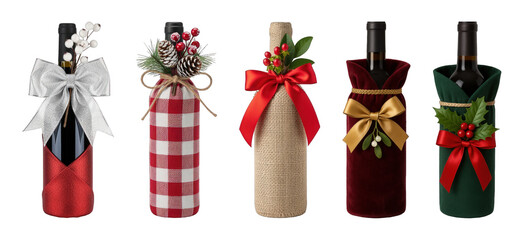 Christmas wine bottle gift bag set including glitter, gingham, burlap, velvet, and felt designs isolated. Festive holiday packaging and gifting.