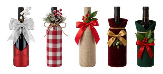Christmas wine bottle gift bag set including glitter, gingham, burlap, velvet, and felt designs isolated. Festive holiday packaging and gifting.