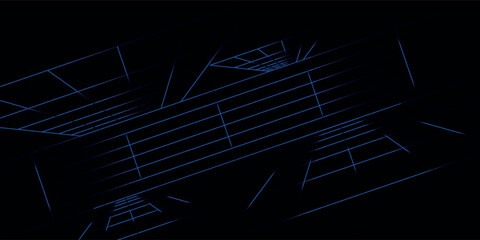 Futuristic abstract tunnel with glowing neon blue lines, digital grid design, cyber background, and modern technology concept in geometric perspective.