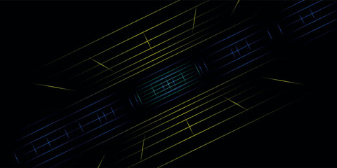 Abstract futuristic tunnel with glowing yellow and blue neon lines, digital corridor in sci-fi style perspective, perfect for technology, cyber, and virtual reality themes.