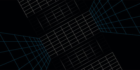 Abstract composition of white and blue grid lines on a black background, creating a dynamic, futuristic technology and geometric pattern.