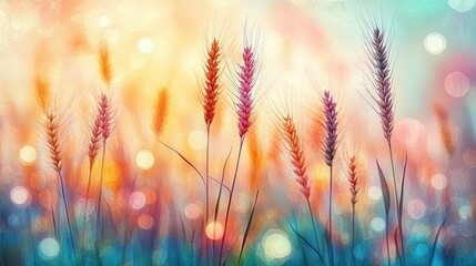Close-up view of colorful wheat stalks with dreamy bokeh lights in the background creating a calm and magical atmosphere