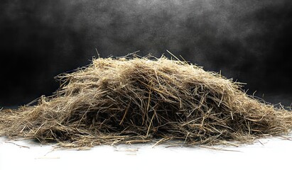 Large pile of dry straw scattered on a surface with a dark textured background creating a rustic atmosphere