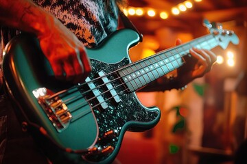 Close-up of a person playing an electric bass guitar with warm ambient lighting and string lights in the background, creating a cozy and focused atmosphere