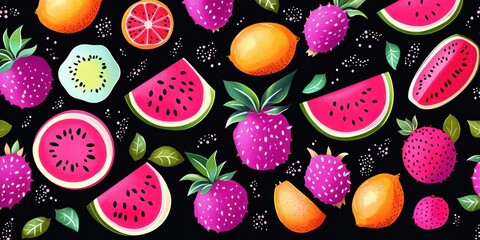 Colorful pattern of various tropical fruits including watermelon slices, kiwi, dragon fruit, lemon, and orange on a black background creating a vibrant and fresh atmosphere
