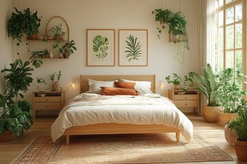 Fototapeta premium Bright bedroom with wooden bed, white bedding and pillows, surrounded by numerous green potted plants and botanical prints on a neutral wall