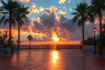 Obraz premium vibrant sunset over the ocean with dramatic clouds and palm trees framing a reflective tiled terrace and a vintage street lamp