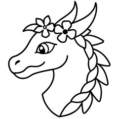 Mythical dragon head adorned with floral wreath