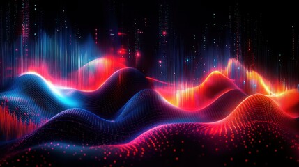 vibrant neon landscape of flowing waves with dynamic glowing particles and vertical light streams in blue red and orange hues creating futuristic digital energy