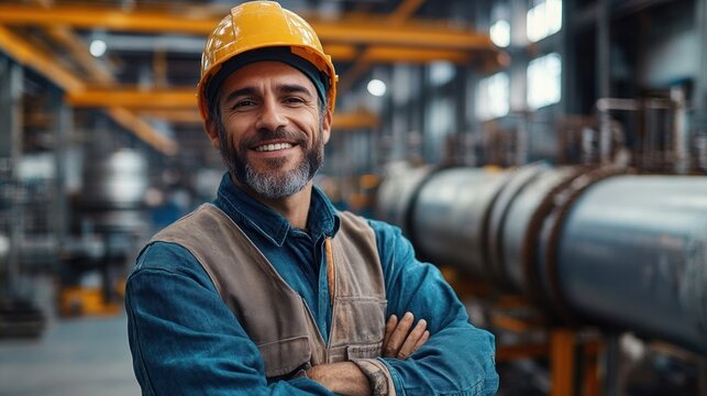 Confident male factory worker wearing yellow hard hat and safety vest smiling with arms crossed inside industrial facility - Powered by Adobe