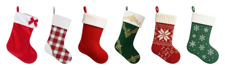 Christmas stocking set including various red, green, plaid, and knitted patterns isolated. Festive holiday decor collection.