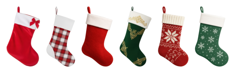 Christmas stocking set including various red, green, plaid, and knitted patterns isolated. Festive holiday decor collection.