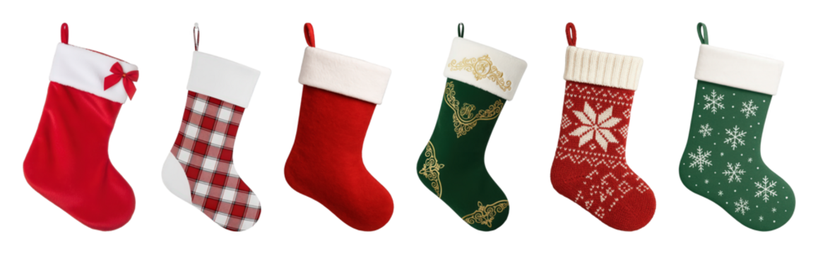 Christmas stocking set including various red, green, plaid, and knitted patterns isolated. Festive holiday decor collection.