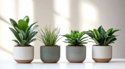 Obraz premium Four small green houseplants in white and gray ceramic pots arranged in a row on a white surface with soft natural light creating shadows on a plain background