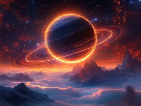 A dark blue planet with glowing fiery ring surrounded by bright orange clouds and jagged mountain peaks under a starry sky