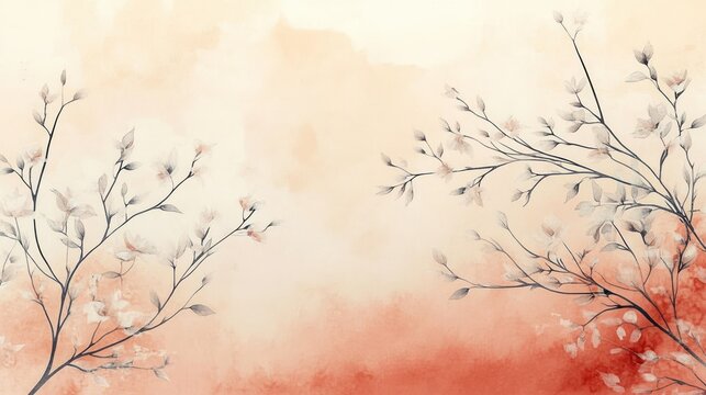 Delicate branches with light flowers and leaves on a soft beige and warm red watercolor background evoking calm and gentle nature vibes