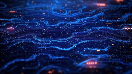 Abstract digital landscape of glowing blue lines and dots with flowing contours and scattered orange highlights creating a futuristic data visualization effect