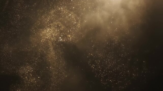 Golden Glitter Dust Particles Floating in Slow Motion with Soft Light Rays and Smoke