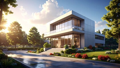 Obraz premium Modern Mansion in a Lush Garden Setting