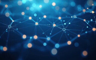 Abstract digital network visualization with interconnected glowing nodes and lines on a blue background representing data connections and communication
