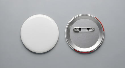 Fototapeta premium Two blank round white badges, one showing the front and the other showing the back with a pin mechanism.