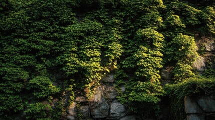 Lush Green Ivy Cascading Over a Stone Wall in Golden Hour Light.