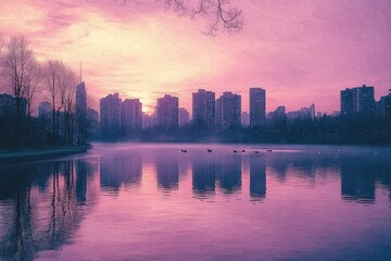 Calm lake at sunset with pink and purple sky reflecting city skyline and leafless trees, ducks swimming on water in peaceful urban scene