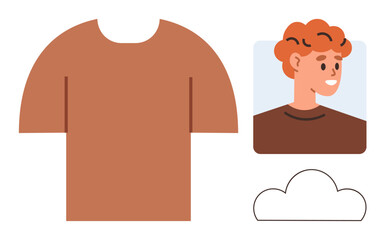 Brown t-shirt, portrait of smiling red-haired person, and cloud outline. Ideal for fashion, casual design, personalization, outdoor themes, creativity youth digital avatars. Modern simple flat