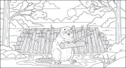 Beaver building dam coloring page
