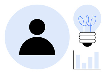 Human silhouette beside a glowing light bulb and bar chart signifies creativity, innovation, growth, and user engagement. Ideal for teamwork, analytics, strategy, planning, education productivity