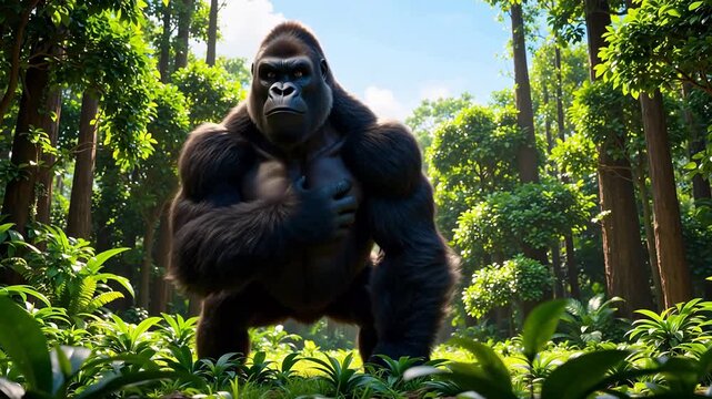 Digitally rendered powerful silverback gorilla asserting dominance by beating its chest in a lush, sunlit jungle