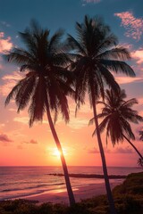 Fototapeta premium sunset over ocean beach with tall palm trees silhouetted against colorful sky and gentle clouds