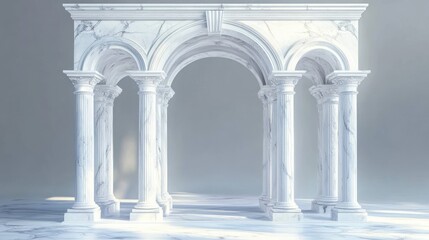 Fototapeta premium Elegant white marble structure with classical arches and Corinthian columns bathed in soft light, evoking grandeur and timeless beauty