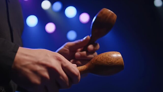 Close-up of Musician's Hands Playing Wooden Claves with Soft Bokeh Lights in the Background