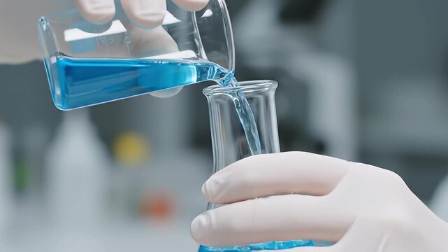 Close-up of scientist pouring blue liquid from beaker into laboratory flask, science experiment