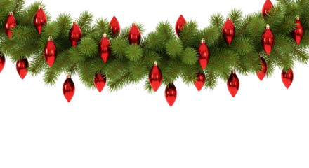 Festive garland with vibrant green pine branches and shiny red teardrop shaped ornaments hanging down on transparent background