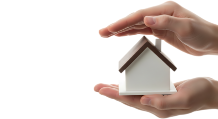 Hands protect a miniature house with brown roof representing home safety and real estate investment on transparent background