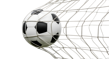 Soccer ball captured inside the net with a clean presentation and clear visibility of the net structure on transparent background