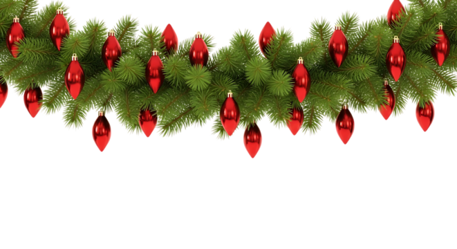 Festive garland with vibrant green pine branches and shiny red teardrop shaped ornaments hanging down on transparent background