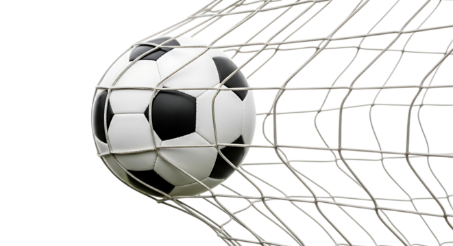Soccer ball captured inside the net with a clean presentation and clear visibility of the net structure on transparent background