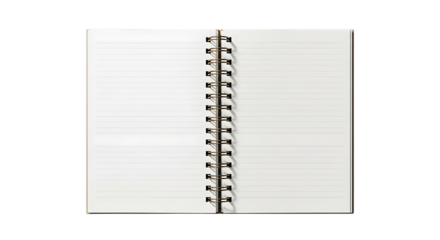 An open spiral notebook displaying blank lined pages ready for writing or sketching ideas down now on transparent background