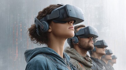 A group of people stand in a line wearing virtual reality headsets, gazing upward into a futuristic digital world, suggesting immersive technology, collaboration, and shared simulation.
